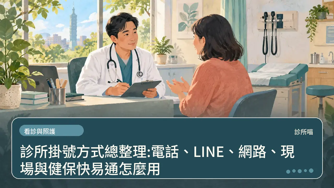診所掛號方式總整理:電話、LINE、網路、現場與健保快易通怎麼用主題插畫