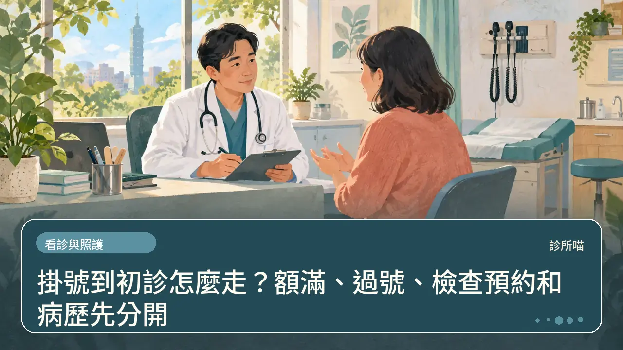 掛號到初診怎麼走？額滿、過號、檢查預約和病歷先分開主題插畫