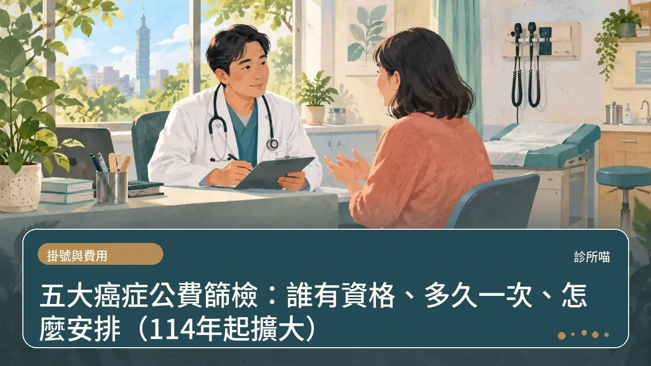 五大癌症公費篩檢：誰有資格、多久一次、怎麼安排（114年起擴大）主題插畫