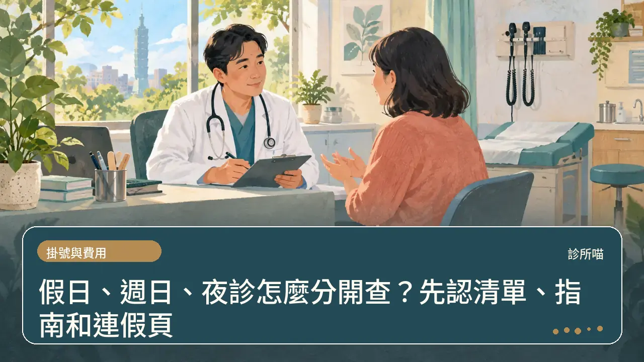 假日、週日、夜診怎麼分開查？先認清單、指南和連假頁主題插畫