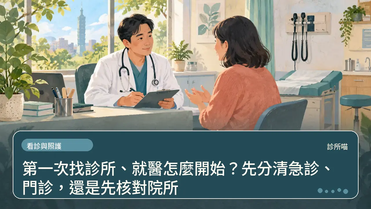 第一次找診所、就醫怎麼開始?先分清急診、門診,還是先核對院所主題插畫