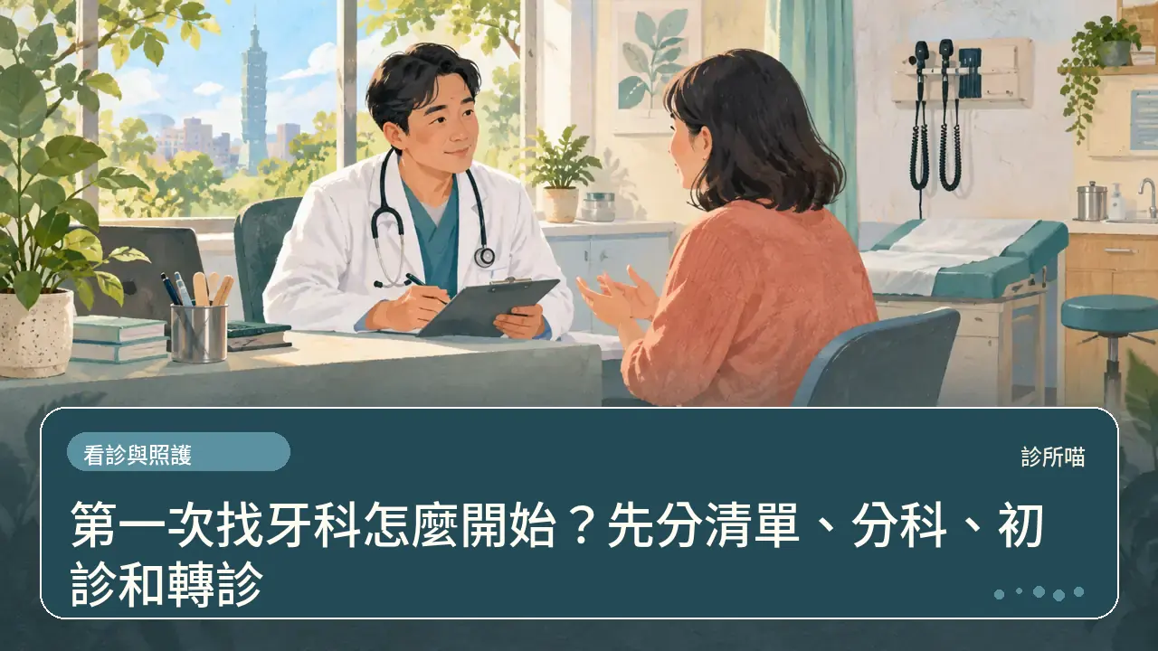 第一次找牙科怎麼開始?先分清單、分科、初診和轉診主題插畫