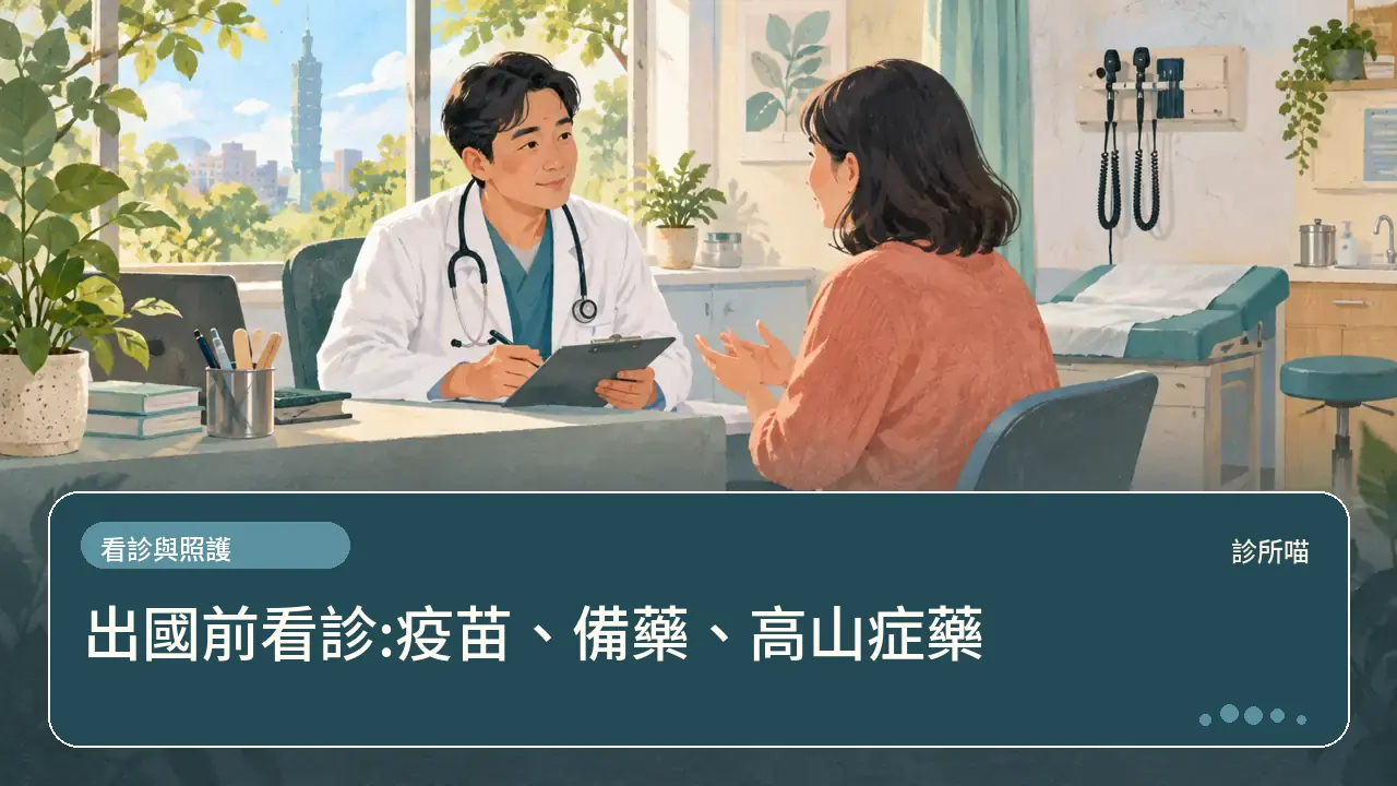 出國前看診:疫苗、備藥、高山症藥主題插畫